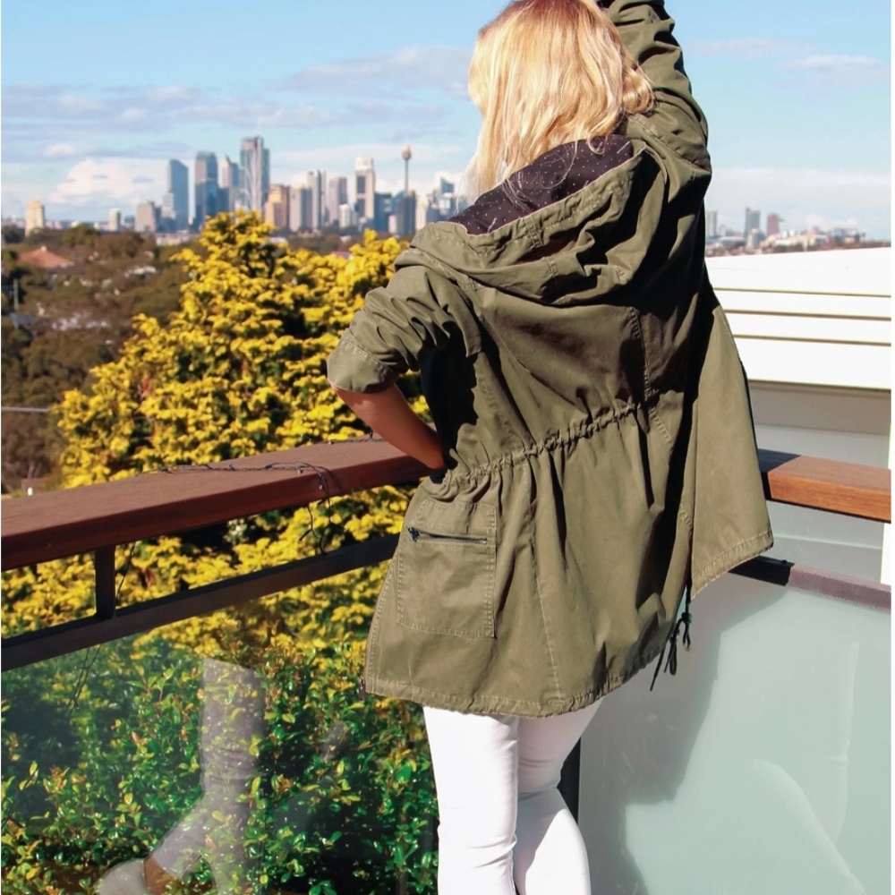 BEBE SPORT Military Olive Green Hooded Utility Jacket | L